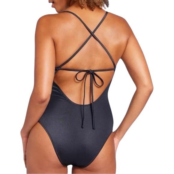 NEW Shade & Shore Black Shirred V-Wire Plunge One Piece Swimsuit Extra Cheeky XL - Picture 4 of 13